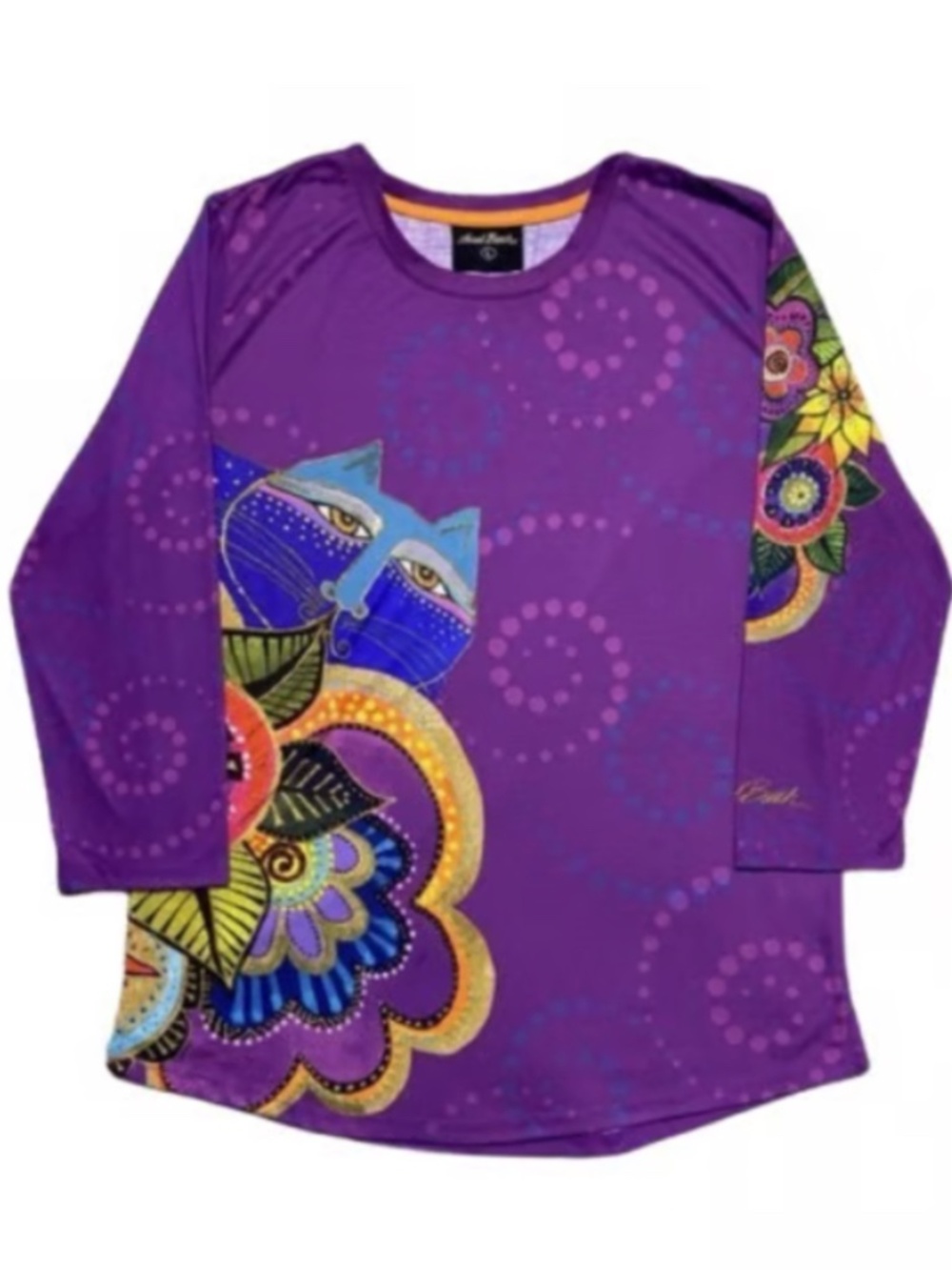 Laurel Burch Large Purple Cat 3/4 Sleeve Shirt 2000s -Carlotta’s Cat